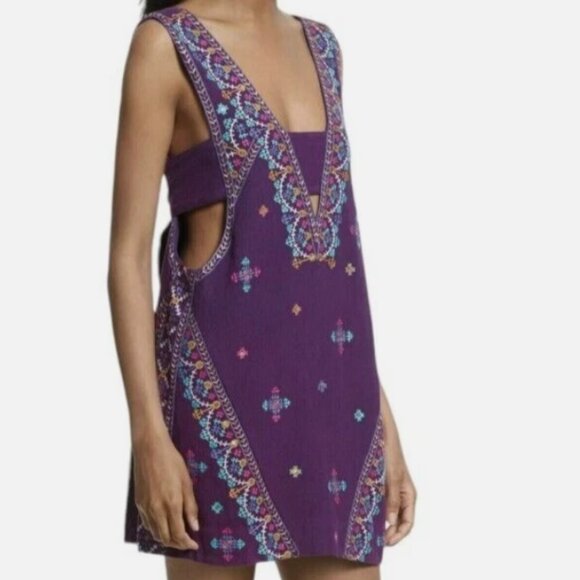 Free People Dresses & Skirts - Free People Dress Heavily Embroidered Purple Size S Tie Back Mini V Neck Boho
